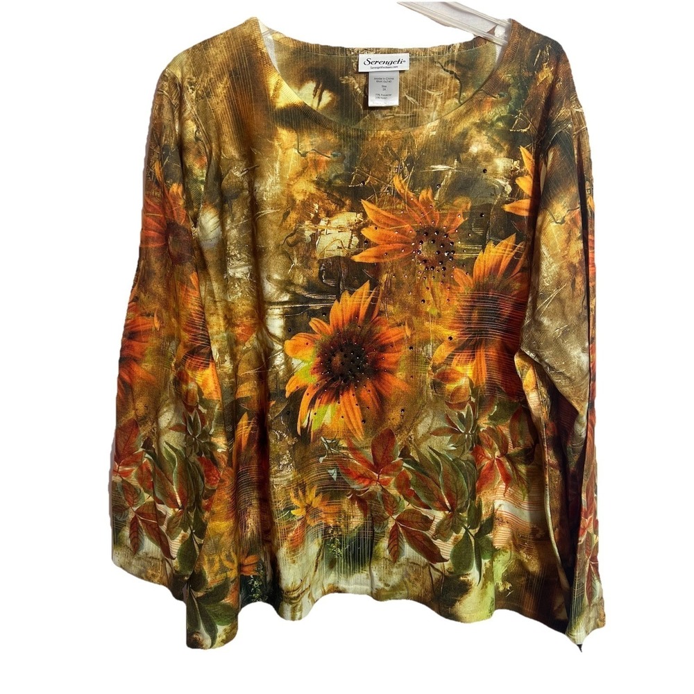 serengeti women's 2X Long Sleeve Sweater Blouse Sunflower Floral Scoop Neck